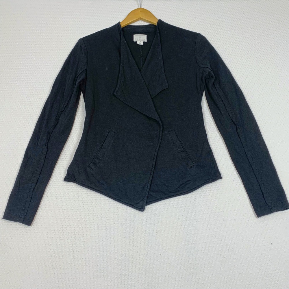 Caslon Womens Black Cotton Knit Draped Open Front Blazer Jacket Sz XS XX7929